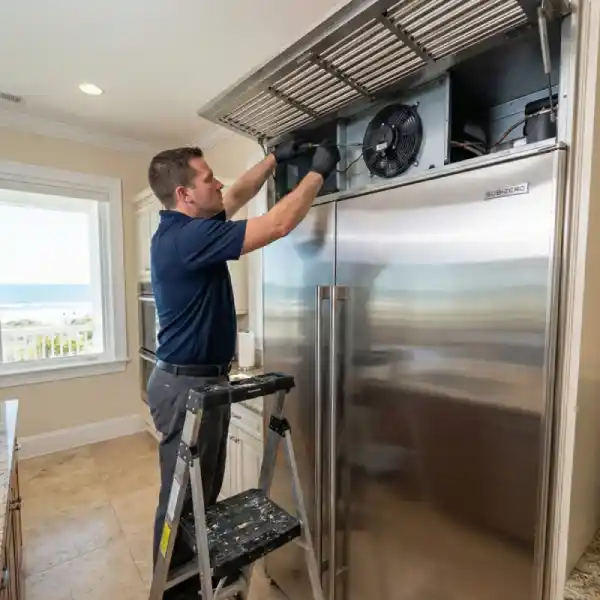 Licensed technician repairing a Samsung refrigerator in a Wild Dunes home.